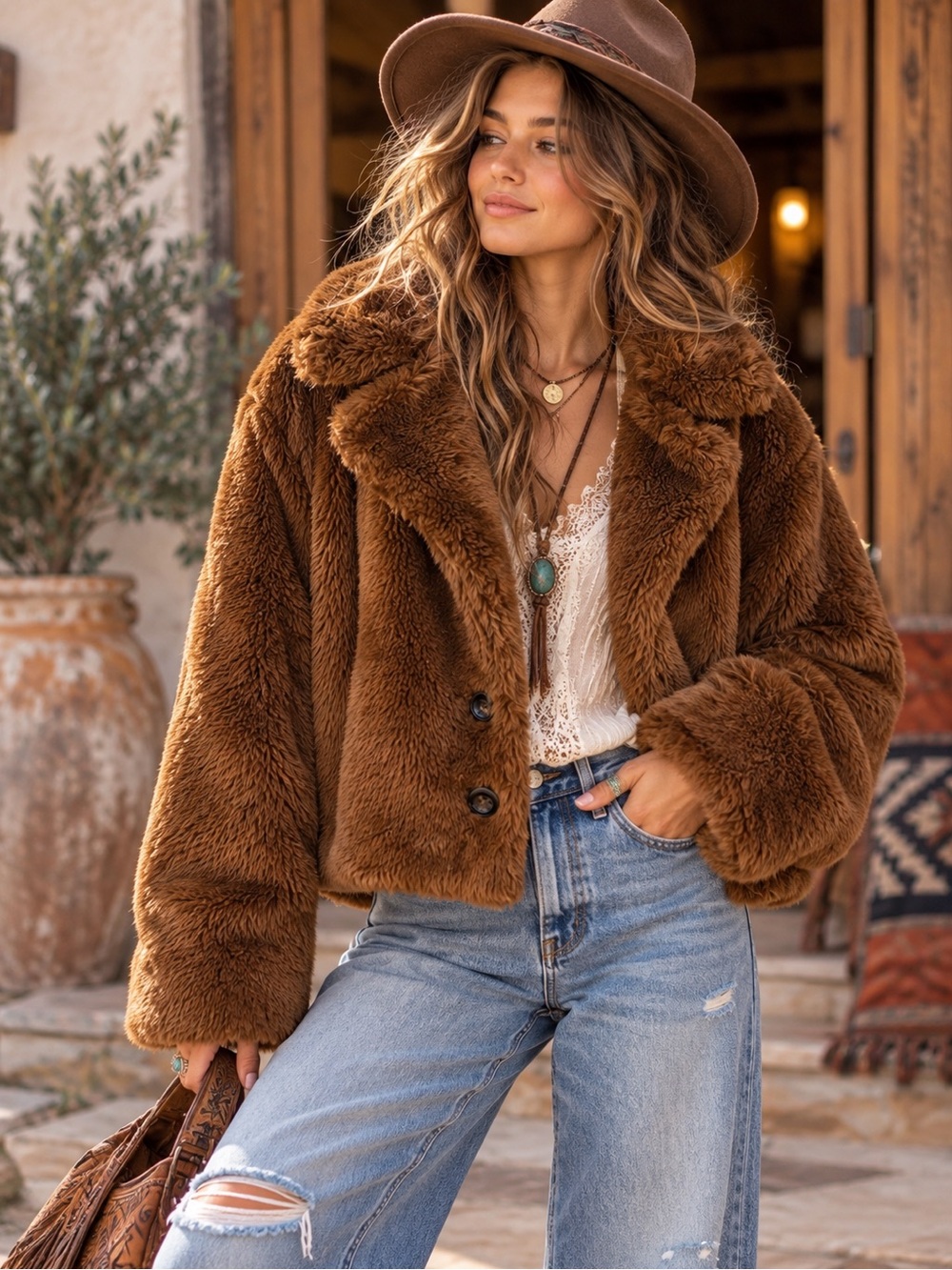 Free People Mena Faux Fur Cropped Coat Brown Teddy Jacket Boho Indie Size Medium